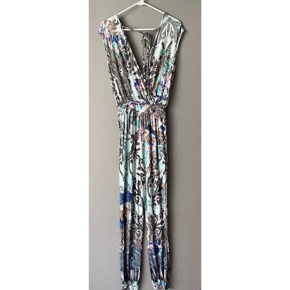 Adrienne sz S teal white deep plunge jumpsuit - Picture 8 of 11